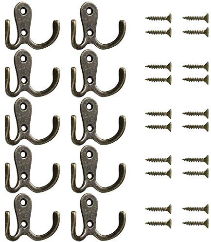 Beilala 10 Pack Double Coat Hooks Door Wall, Bedroom Bathroom Vintage Metal Hook Hanging Clothes, Robe, Towel, Hat, Key, with 30 Screws (Bronze)