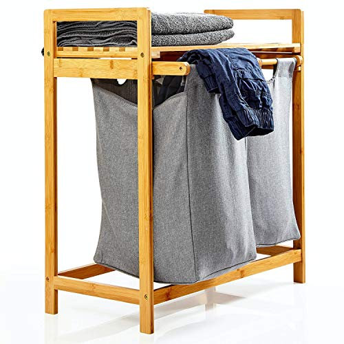 Bambuswald© Wäschekorb Bambus mit 2 Ausziehbaren Wäschesäcken aus Bambus - Regal für Bad & Schlafzimmer ca. 73x64x33cm | Wäschekorb Regal Wäschesortierer Badezimmer Standwäschekorb Aufbewahrung