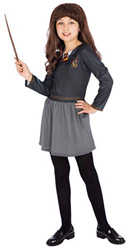Harry Potter Fille Déguisement Hermione Granger Costume avec Baguette et Perruque Noir 7-8 Ans