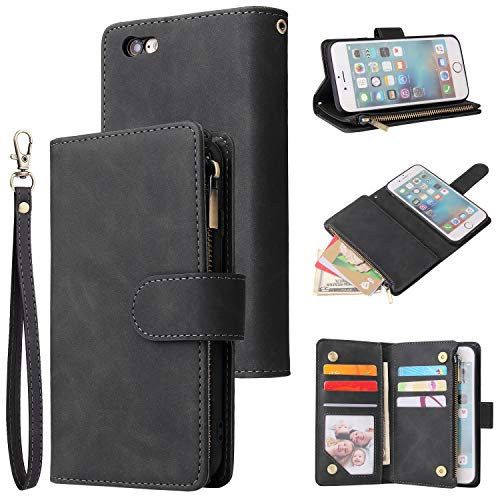 QLTYPRI Case for iPhone 6 Plus iPhone 6S Plus, Large Capacity Leather Wallet Case 6 Card Holder & 1 Zipper Pocket Kickstand Wrist Strap Magnetic Shockproof Phone Cover - Black