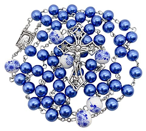 Nazareth Store Rosenkranz mit blauen Perlen, weiße Blumen, Perlen, Halskette, Lourdes-Medaille und Kreuz-Kruzifix, 50 cm, Zink, Blaue Perle