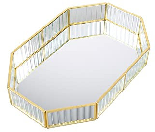 Mirror Tray - HARLIANGXY - Gold Vintage Perfume Tray - Makeup Jewelry Organizer - Glass Vanity Tray - Metal Polygon Tray - Decoration Tray - Upgraded Version Tray - 20 x 14 x 4 cm