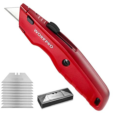 WORKPRO Premium Teppichmesser, Einziehbarer Universalmesser aus Vollmetall, Strapazierfähiger Cuttermesser mit Schnellwechselklinge, mit 10 zusätzlichen Klingen, Rot