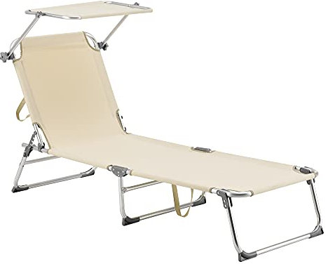 [en.casa] Sonnenliege mit Dach Legorreta Liegestuhl klappbar Strandliege Aluminiumgestell bis 115 kg Gartenliege mit Rückenlehne verstellbar Beige