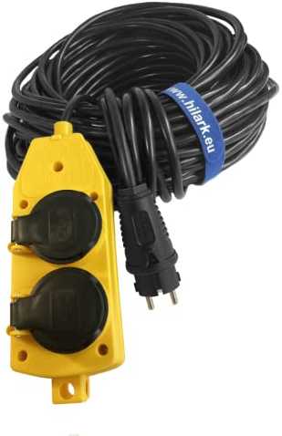 Hilark Verlängerungskabel - 3 Adern 2,5 mm2 - IP44 mit Schukostecker H05VV-F 3g2,5 mm2 (3x2,5) 230 V 4 Schuko steckdosen mit Schutzkappe Elektrokabel PVC (20m, gelbem Schuko-Steckdosenblock)