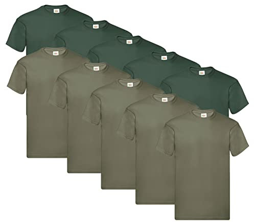 Fruit of the Loom Men's T-Shirt (Pack of 10), 5 x bottle green + 5 x olive + 1 Hl Kauf notepad, XXL