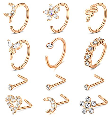Zolure 18G Nasenpiercing Nase Nasenringe Ohrstecker L-Förmiger Nasenstecker Tragus Knorpel Helix Ohrringe Hoop Nase Piercing Schmuck Für Frauen Set