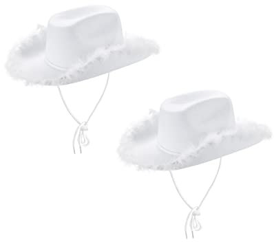 Geagodelia Filz Cowboyhut Damen Flauschig mit Federn Krempe Tiara Cowgirl Kostüm Hut Erwachsene Halloween Kostüme Hut Karneval Partyhut (2PCS Weiß, Einheitsgröße)