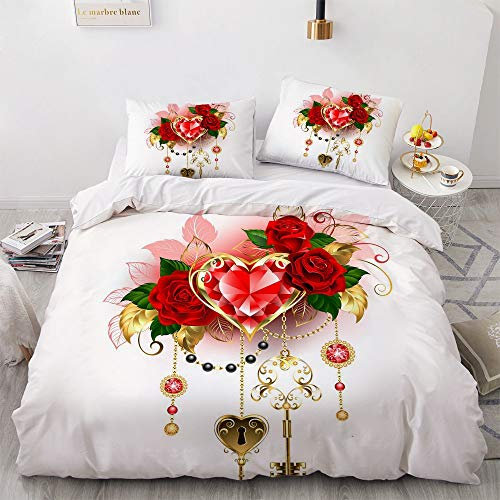 Luowei Bettwäsche 135x200cm Rot Rosen Bettbezug Set Romantische Blume Wendebettwäsche Microfaser Deckenbezug mit Reißverschluss und 1 Kissenbezug 80 x 80 cm