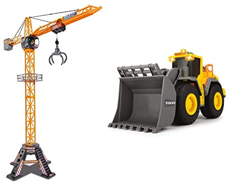 Dickie 201139012 Toys Mega Crane, elektrischer Kran mit Fernbedienung, 120 cm hoch & QDKT062032 Volvo Radlader, Spielzeugbagger, Bagger, Lader, Baustellenfahrzeug, 23 cm, gelb/grau