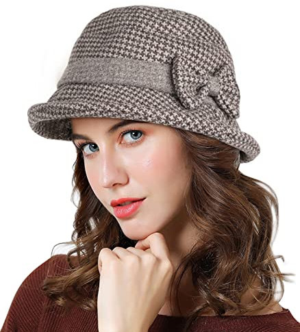Adigaber Damen Glockenhut Warme Weiche Fedora Rundhut Kirche Hüte mit Schleife Blumen Einstellbar
