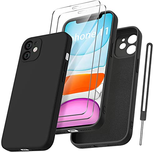 Qasyfanc Funda Compatible con iPhone 11, 2 Pack Cristal Templado y Protección de Cámara, Ultrafina Microfibra Suave TPU Silicona Anti-arañazos Carcas para iPhone 11 6.1 - Negro