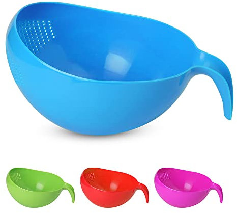 KSJONE Heavy Duty Rice Washer Strainer Colander Washing Bowl with Handle Vegetable/Rice Washer Strainer for Cleaning Fruits, Vegetables, and Beans 2.1 Qt (2L) (Blue)