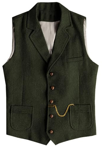 Tuikayoo Herren Western Herringbone Tweed Anzug Weste Wolle Slim Fit Weste (Armeegrün,M)