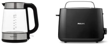 Amazon Basics 1.7L Glass Kettle + Philips Daily Collection Toaster, 2 Large Slots for Bread, 8 Settings + Integrated Bun Warming Rac, Blue