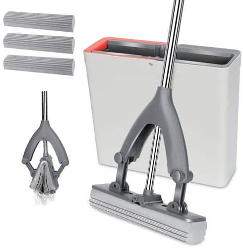 MASTERTOP Sponge Mop and Bucket Set, Squeezy Mop Buckets with Wringer, Easy Hands Free Mops Buckets Set with 3 PVA Sponge Head, Self Wringing Floor Mops for Laminate, Tile, Hardwood Cleaning