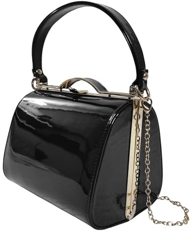 UShopUK Pochette a mano con manico superiore in pelle verniciata, per matrimoni, balli di fine anno, feste, serate, Nero , medium