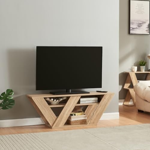 [en.casa] Mueble de TV 110 Mesa de TV con 2 Estantes para Dispositivos Multimedia Libros Fácil de Limpiar Original Diseño Trapezoidal Invertido Aglomerado 110x30x40 cm - Efecto Roble