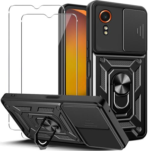 KUSINHOKA Coque pour Samsung Galaxy Xcover 7 avec entille Coulissante Couverture et Support Rotatif + [2 Pièces] Verre Trempé, Étui de Protection de Qualité Militaire [Antichoc] Rigide Housse, Noir