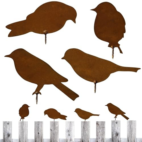 JSMTKJ Rostiges Vögel Deko Rost, 4 Edelrost Metall Vogel Baumstecker Stecker Gartendeko Rostoptik Deko Edelrost Vögel für Holz Zaunfiguren Gartendeko