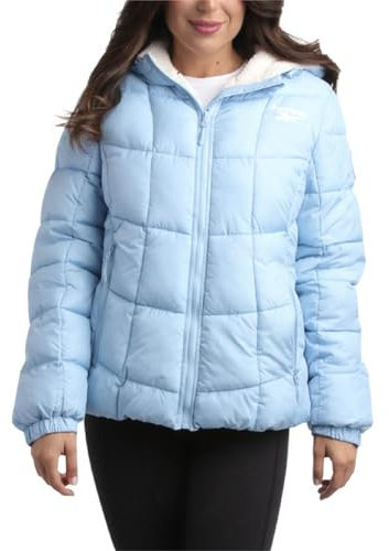 Reebok Damen-Winterjacke – schwerer, gesteppter Puffer-Parka, Wintermäntel – Sherpa-Futter, warme Skijacke für Damen (Größe S-XL), hellblau, L