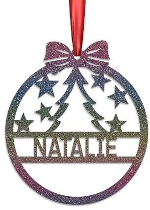KreateSquare Personalised Christmas Bauble, 950 GSM Double-Sided Glitter Xmas Tree Decoration, Custom Name Baubles, Red & White Christmas Decorations Ornaments (Pastel Rainbow, Xmas Tree)