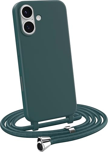 MyGadget Funda con Cuerda para iPhone 16 - Carcasa en Silicona TPU Suave con Cordón - Case y Correa Colgante Ajustable y Portátil - Verde Oscuro