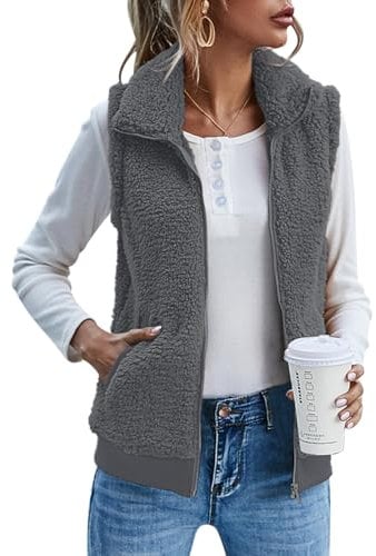 IECCP Fleecejacke Damen Teddy Fleece Weste Damen Herbst Winter Warm, Outdoor Weste mit Stehkragen Eingrifftaschen Reißverschluss(Dunkelgrau,M)