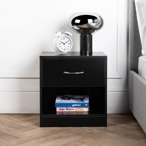Home Treats Set of 2 Wooden Bedside Table Black | 1 Draw Nightstand with Storage Shelf | Side Table Bedroom Storage Furniture (Set of 2, Black)