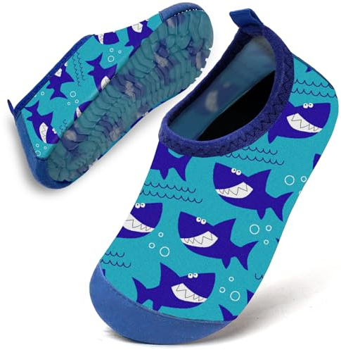 Water Shoes Toddler Kids Baby Infant Boys Beach Shoes Swim Shoes Barefoot Aqua Socks Non-Slip for Swmming Pool Water Park(Light Blue Shark,24/25)