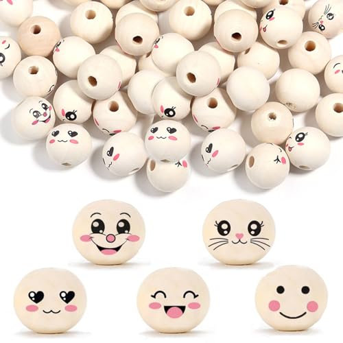 EUDUQ 100 Stück Holzperlen mit Gesicht,20mm Holzkugeln mit Gesicht,Lächelndes Gesicht Holzperlen mit Loch,Natur Holzköpfe für Sorgenwürmchen DIY Bastelarbeiten 5 Stile