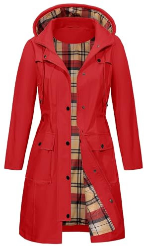 Tuopuda Parka Imperméable Femme Longue Coupe Vent avec Capuche Veste de Pluie Printemps Automne Manteau mi Saison Vêtements d'Extérieur Zippé pour Camping Randonnée Pêche Sport, Rouge, XXL