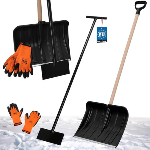KOTARBAU® Set Schneeschaufel mit Holzstiel 131 cm Eisschaber 119 x 20 cm + Handschuhe warm Schneeschieber Schneeräumer Schneeschaufel Auto Stoßscharre mit Stiel Schaufel mit Stiel