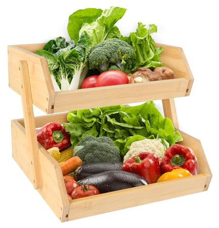 HUOLE Support de Corbeille à Fruits en Bambou 2 Niveaux Support pour Le Rangement des légumes, pour Les légumes pour Plan de Travail de Cuisine pour Fruits, Légumes, Pain, collations 25 * 30 * 26.5cm