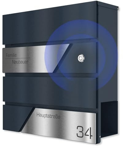 Graviers Design Briefkasten mit Funkklingel in Anthrazit RAL 7016 - Wandbriefkasten personalisiert Edelstahl Lasergravur Name Hausnummer Straßenname - Postkasten Schloss Zeitungsfach Design 1