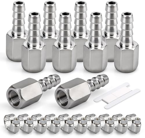 Bwintech 10 pezzi raccordi a barra in acciaio inox, 1/8” BSP femmina x 8MM connettore a barra con 10 pezzi morsetti, raccordi a barra adattatore per aria, carburante, acqua, olio