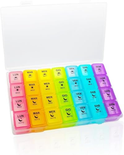 ALL4US® - Portapillole Settimanale scritte Italiano - Pill Box 7 Giorni con 28 Scomparti, Grande Stampa per Anziani, Organizer Giornaliero per Pillole