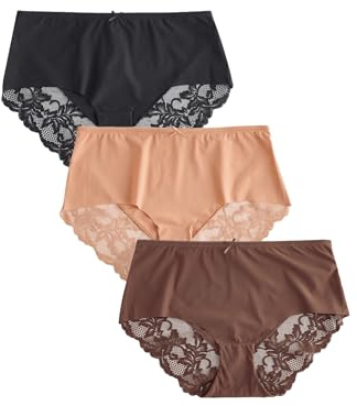NEXT Damen 3er-Pack Nahtlose Slips mit Spitze, Midi Black/Caramel Chocolate Nude 50