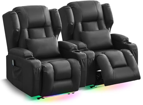 Wandnaher Fernsehsessel Elektrisch Verstellbar mit Massage und Heizung, Relaxsessel mit Liegefunktion, USB, Ambient LED, Getränkehalter, TV Sessel Kinosessel 2 Sitzer (Schwarz Doppel Relaxsessel