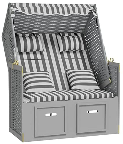pokgdf Strandkorb mit Kissen aus Poly Rattan und Massivholz in Grau & Weiß, 4 Kissen, verstellbare Rückenlehne, ausziehbarer Hocker, Sonnenschutzdach für Garten, Terrasse