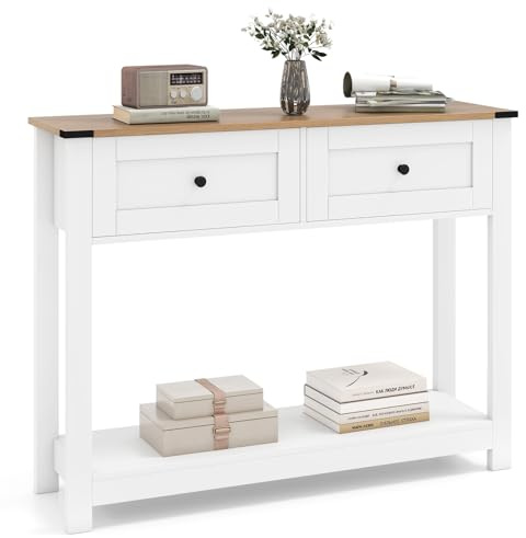 COSTWAY Console Table, Rustic Farmhouse Slim Entryway Table Hall Desk with 2 Drawers & Open Storage Shelf, Wooden Long Narrow Sofa Side Behind Couch Tables for Hallway Foyer Living Room (106x30x82cm)