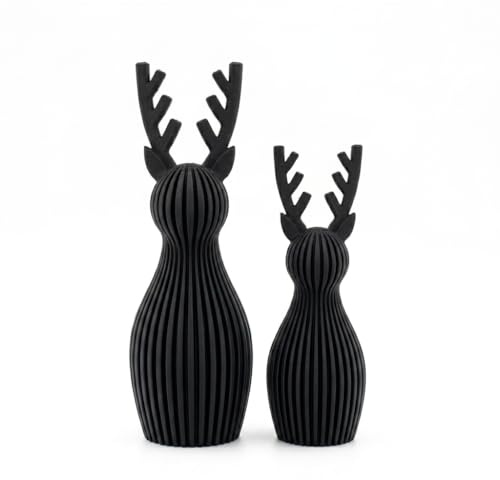 dreideko Scandi Japandi Rentier 3D Druck Deko – Minimalistische Hirsch/Elch Dekoration im skandinavischen Design – Gerippte Oberfläche – Moderne Winter- und Weihnachtsdeko (schwarz, klein & groß)