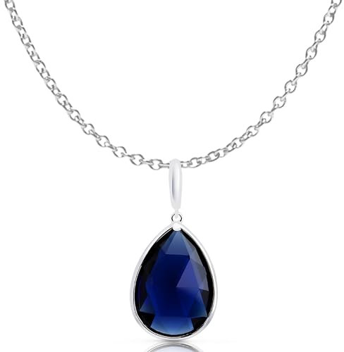 Crystalline Azuria Tropfenform Halskette Anhänger mit Blauer simulierter Saphir Zirkonia Kristalle 18 kt Weiß Vergoldet für Damen 45 cm