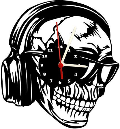 bigcopy e.K. Wanduhr, Totenkopf mit Kopfhörer, Design hochwertige Acrylglas Uhr mit lautlosem Quarzwerk, 3mm Stärke