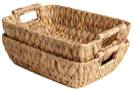 StorageWorks Wicker Storage Baskets for Shelves, Woven Storage Box Organiser with Wooden Handles, Large Wicker Storage Basket, Shelf Baskets for Organising Living Room, Natural Water Hyacinth, 2-Pack