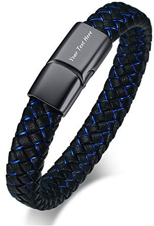 Lederarmband für Männer, Angepasst Personalisierte PU Geflochtene Manschette Magnetverschluss Armreif frei Gravur Edelstahl Schmuck Geburtstagsgeschenk für Papa Ehemann Sohn Freund, Schwarz