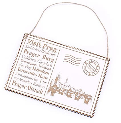 Schild Briefmarke Holzschild mit Spruch Graviert - I love Prag | Visit Prag - Postkarte Deko 20x13cm | Dekolando Home Accessoires