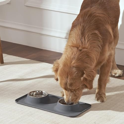 Tapis d'alimentation en Silicone Gris antidérapant Penguin Home® avec 4 Bols en Acier Inoxydable (2 + 2) | Tapis imperméable de qualité Alimentaire pour Animaux de Compagnie |