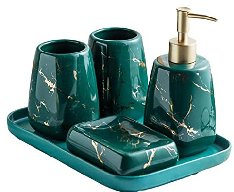 YYW Keramik-Badezimmer-Sets, 3/4/5-teilig, modernes Luxus-Badezimmer-Zubehör-Set, Marmor-Muster, Keramik-Badezimmer-Sets, Zubehör für Zuhause, Wohnung, Schlafsaal (grün, 5-teiliges Set)