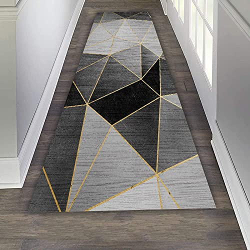LHYZF Tapis de runneur géométrique Contemporain, Tapis pour Couloir couloirs de Hall d'escalier - 1m/1.5m/2m/2.5m/3m/3.5m/4m/4.5m/5m/5.5m/6m de Tapis antidérapant Noir/Gris/Or/Or (Size : 60x450cm)